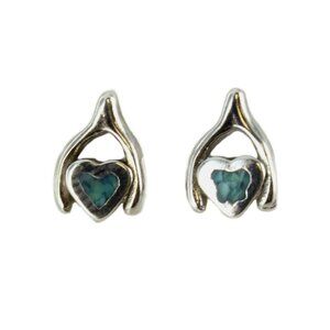Crushed Genuine Turquoise set in Sterling Silver Wish Bone & Heart Stud Earrings